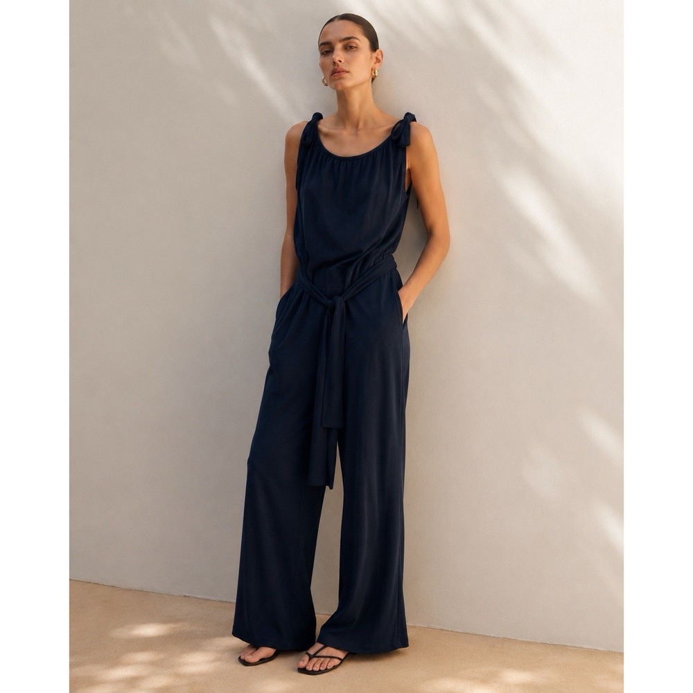 Amour Vert Navy Modal Tie Shoulder Wide Leg Jumpsuit OS Made in USA Retail $196